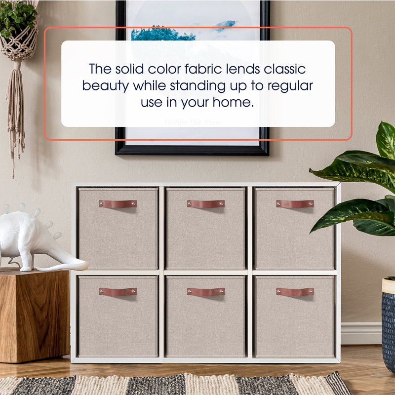 Beige Linen Foldable Storage Cubes with Leather Handles, Set of 6