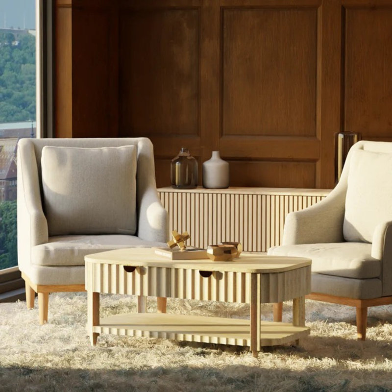 Table basse moderne en bois massif avec tiroirs cachés et tablette de rangement - Finition blanchie, conception cannelée, table basse de salon