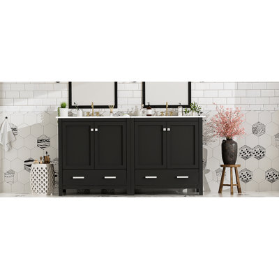 Ensemble de meuble-lavabo avec lavabos doubles (séparés), lavabos doubles en céramique, tablette de rangement et tiroirs séparés (miroir non inclus) - Solution de salle de bain moderne pour salles de bain spacieuses