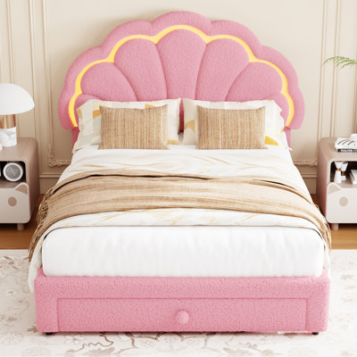 Full Size Upholstered Bed Frame with Storage Drawer, Berber Fleece Platform Bed, Wood Support, No Box Spring Needed, Easy Assembly, Pink