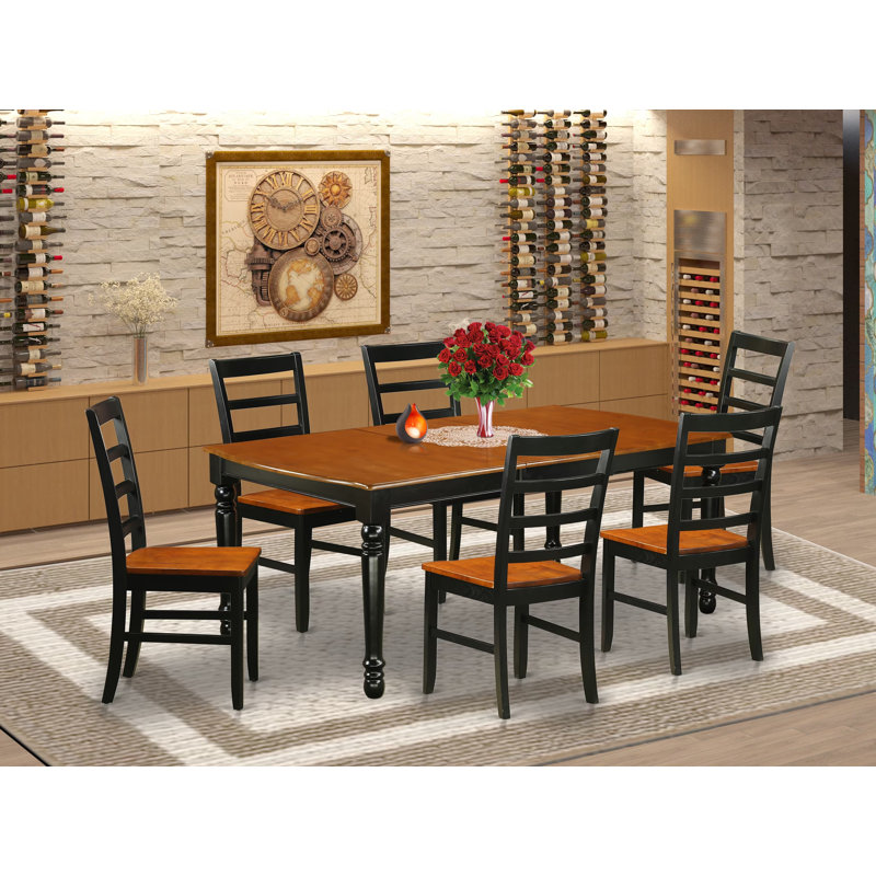 Ensemble de table et chaises de cuisine 7 pièces composé d'une table de salle à manger rectangulaire avec rallonge papillon et 6 chaises en bois massif, noir et cerisier