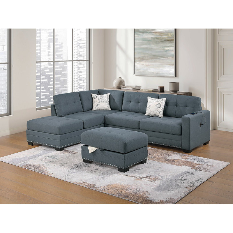Ensemble de salon modulaire en forme de L avec repose-pieds et canapé capitonné 3 pièces, Gris foncé