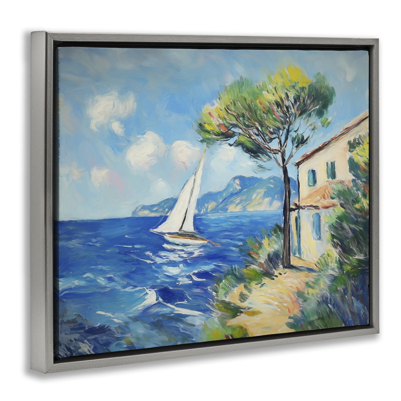 Voilier et plage, art mural encadré par Ramona Murdock, Cadre flottant gris lustré, H 17 po x l 21 po