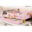 Lit plateforme double rose avec tiroirs de rangement, structure en bois massif, rail et tablette pour garde-corps en pin