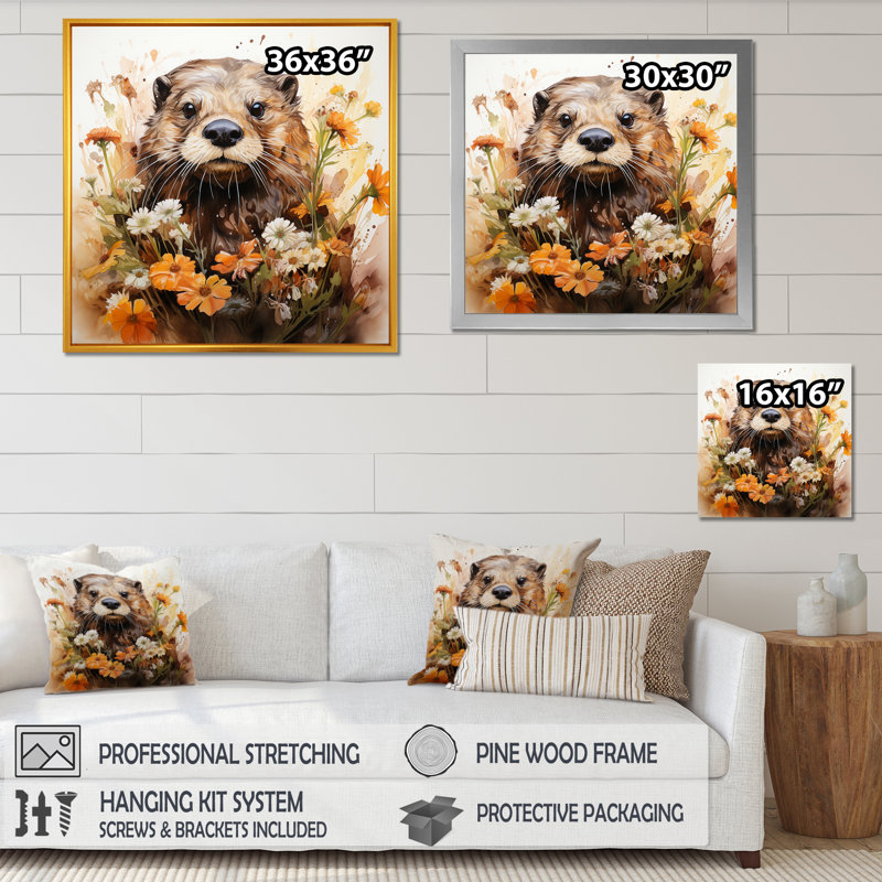 Loutre brune dans une prairie fleurie I - loutre, art mural, Cadre simple argenté, H 30 po x l 30 po x P 1,5 po