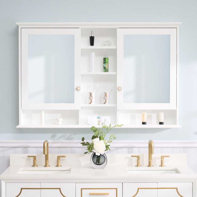 Armoire à pharmacie murale en bois massif 55 po x l 35 po avec miroir et tablettes, Blanc