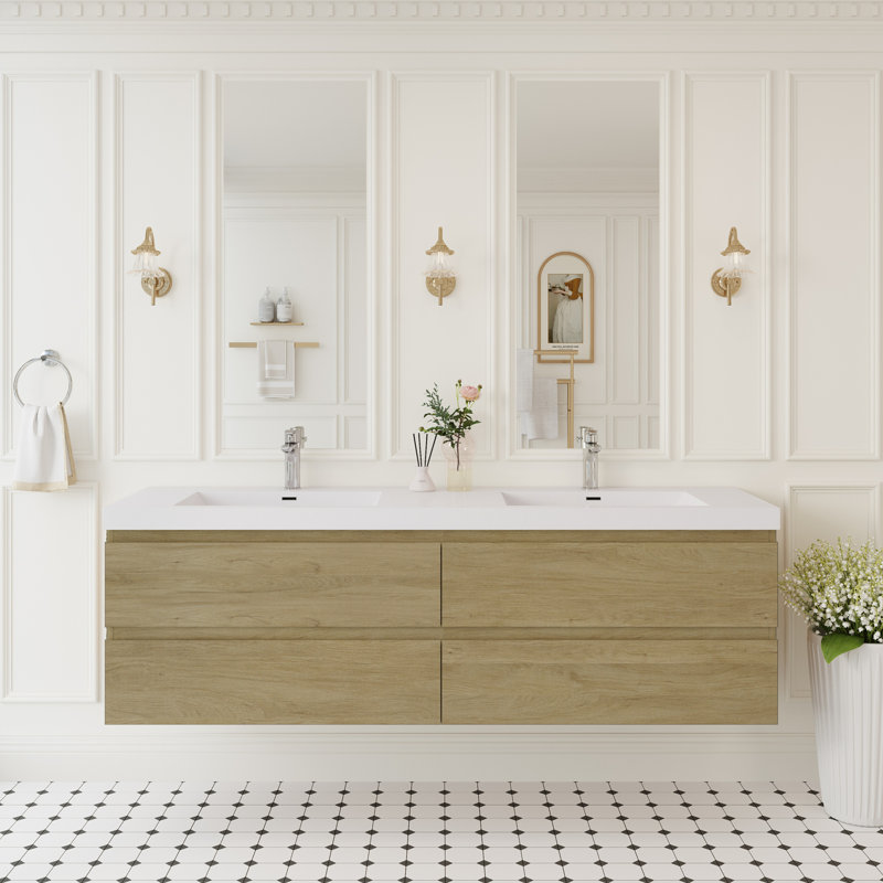 Meuble-lavabo flottant avec lavabo, Chêne, 70.87"