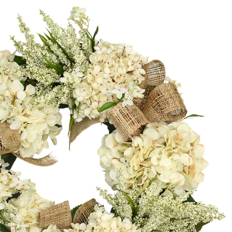 Hydrangea and Heather Wreath with Burlap Bows