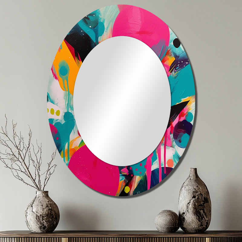 Pink And Turquoise Abstract Enigma I - Pink Modern Oval Wall Mirror, 40" x 30"