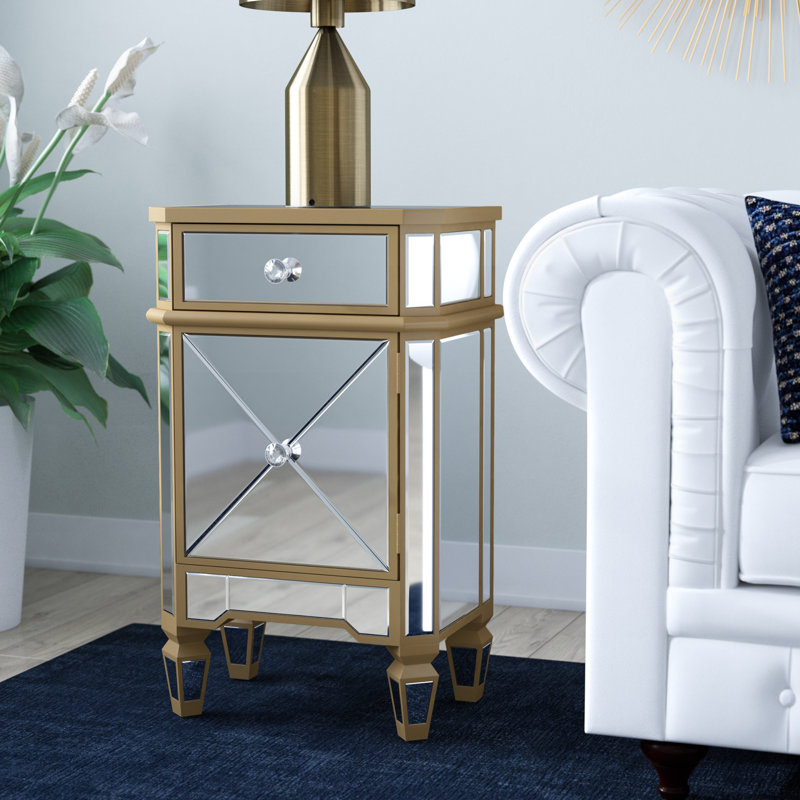 Mirrored Glass Top End Table with Storage