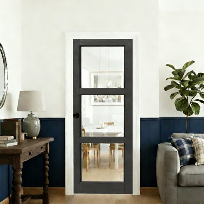 Slab Door - 3 Lite Glass Black Interior Door Manufacture Wood White With Black Round Knob Handle 24"X80"
