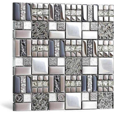 Metallic Glass Mosaic Tiles Silver Gray