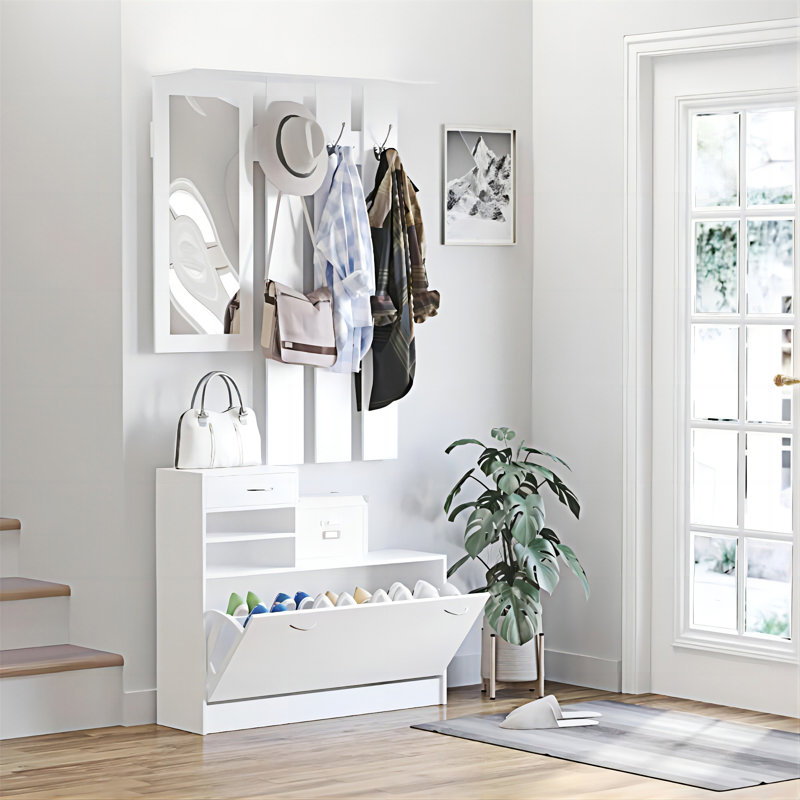 Armoire à combinaison avec armoire à chaussures + étagère suspendue + miroir, Blanc mat