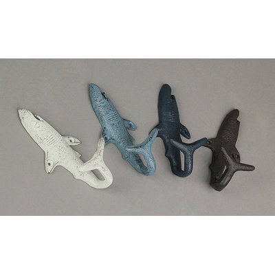 Albany entryway coastal cast iron shark tail coat wall hooks, set of 4 — blue, turquoise, coral and white enamel, 2.25 x 5.25 x 1.5 inches