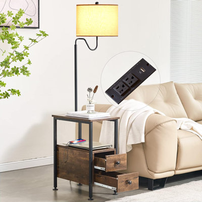 Floor Lamp With Side Table, Rustic End Table With USB & Type-C Ports, 2 Outlets And Storage Drawers, Adjustable Lampshade For Living Room Bedroom