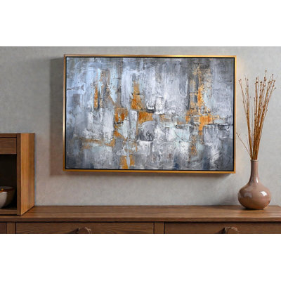 Velvet Dream Abstract Canvas Painting Gray Gold Framed Art 41"x61"