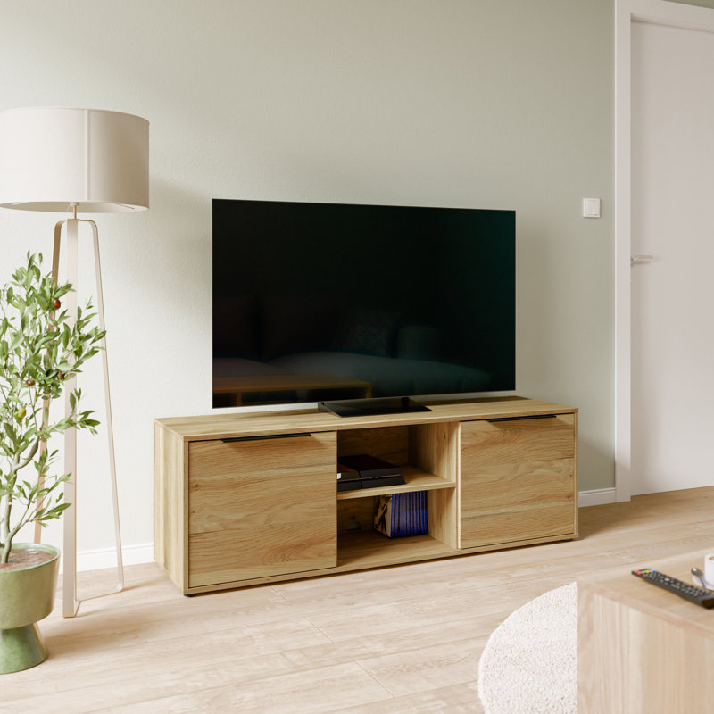 Tasharra Minimalistic TV unit with 2 doors and open shelving, living room, engineered wood, cable management, warm oak decor, 152.6 cm W x 49.7 cm H x 41.4 cm D