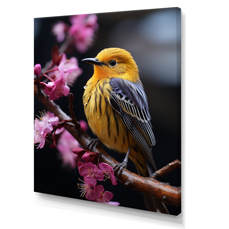 Oiseau jaune sur une fleur de cerisier IV sur toile, 32" H x 16" W, Toile tendue