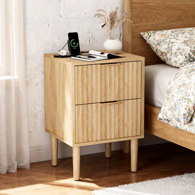 15.7" Oak Nightstand, P2 15MM MDF, Melamine & Vacuum Forming, 2 Drawers, US Outlet (1USB+1TYPE C+2AC)