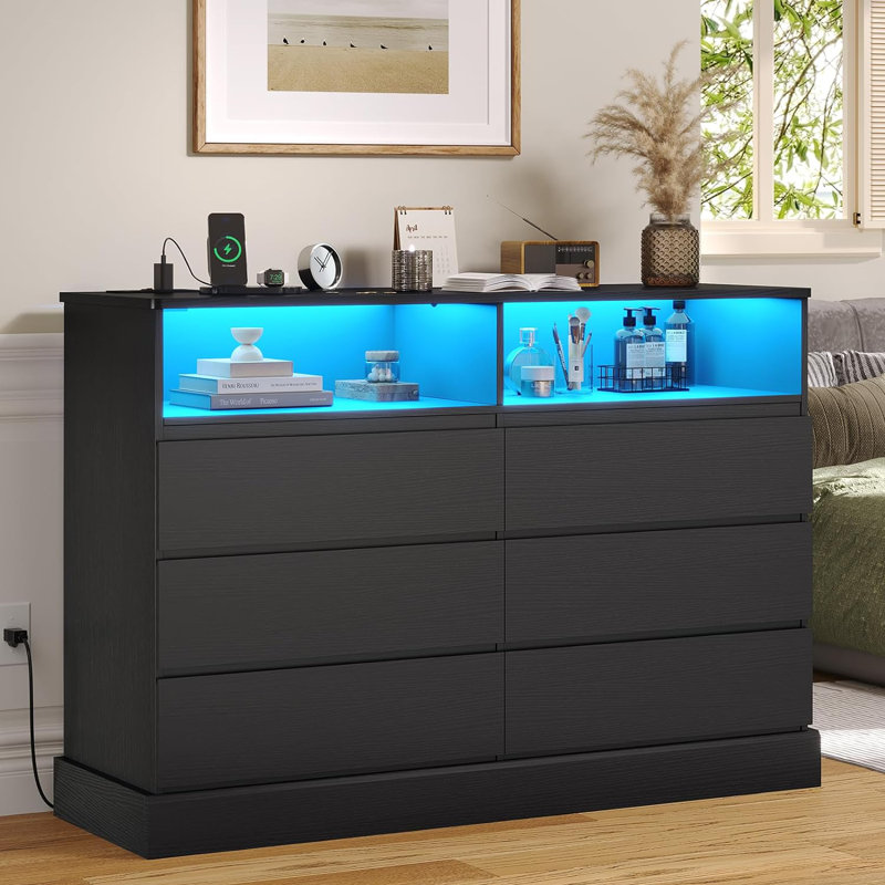 Commode moderne pour chambre à coucher, commode avec tiroirs sans poignée, commode avec lumières à DEL et station de charge, dimensions 50,4 po x l 15,7 po x 36,7 po