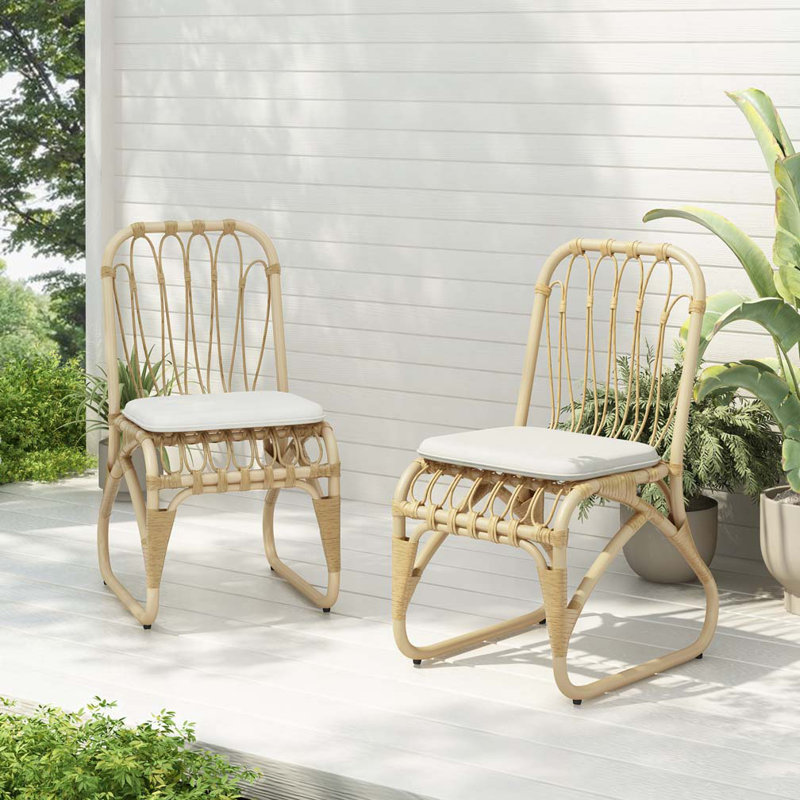 Chaises de salle à manger d'extérieur en osier avec coussin lavable PE, Blanc, Brun