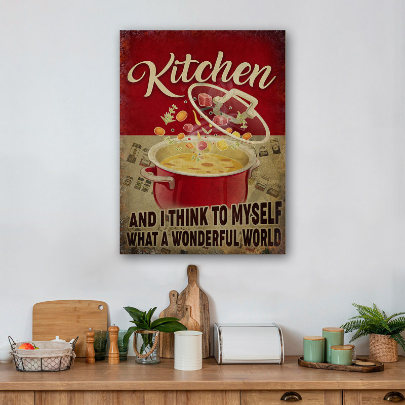 Cuisine - Toile réfléchie, ce qui est un monde merveilleux - Toile tendue avec châssis - Illustration de cuisine, décoration de cuisine beige et rouge