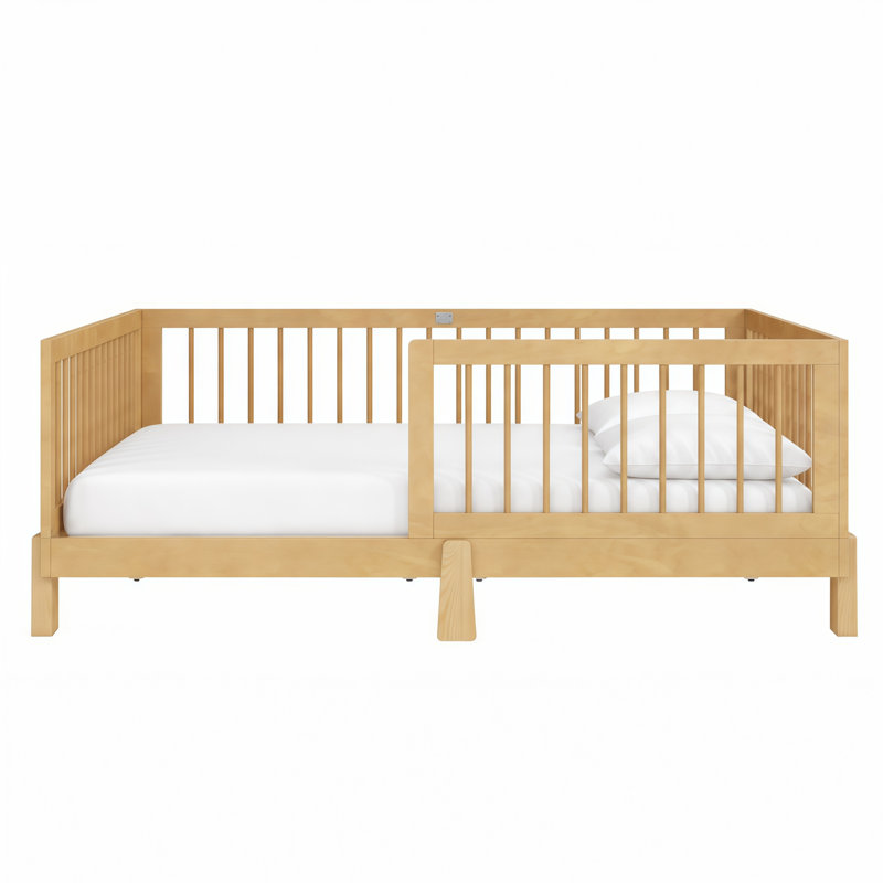 Lit de sol Montessori convertible Briar en bois massif avec barrières de sécurité et fonction lit de jour, Lit double