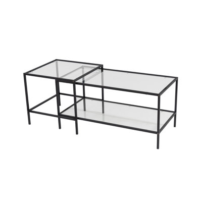 Modern Coffee Table Set (2 Pieces), Black Tempered Glass & Metal Frame, Sleek Industrial Design, Perfect for Living Room & Lounge
