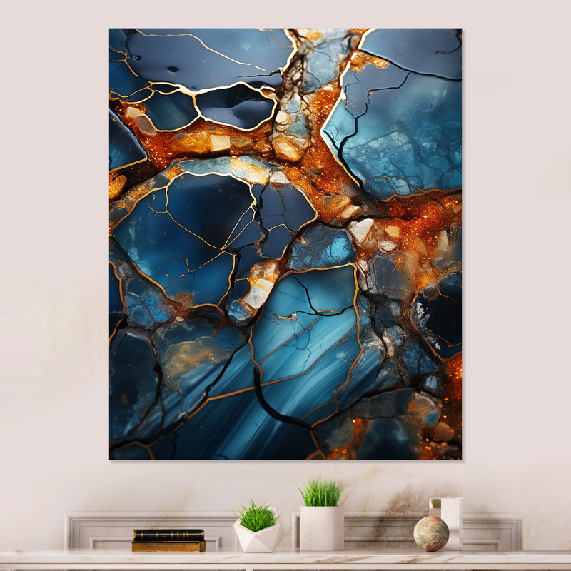 «Gold and Blue Marble Mosaic Agate IV», reproduction d'art murale abstraite en métal, null