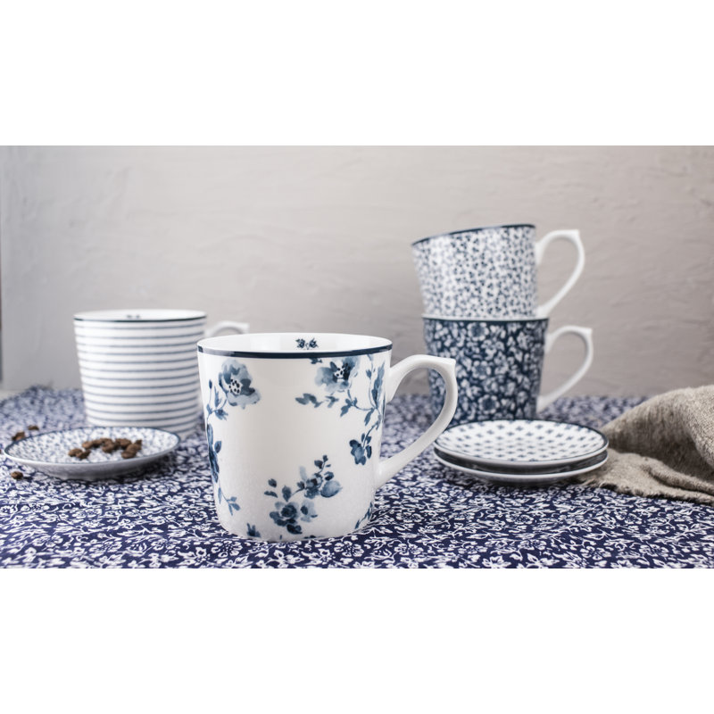 Set of 4 Blue and White Ceramic Floral Mugs
