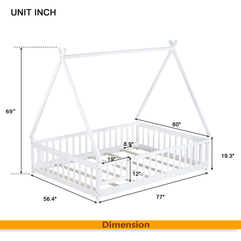 Tent-Shaped Floor Bed,Teepee Bed With Guardrails,Slats, White