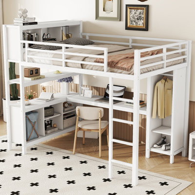 Metal Loft Bed with Wardrobe And L-shaped Desk, Full Size Loft Bed with Storage Cubes and Shelves, Loft Bed for Kids Teens Adults, White, 88.6" x 55.9