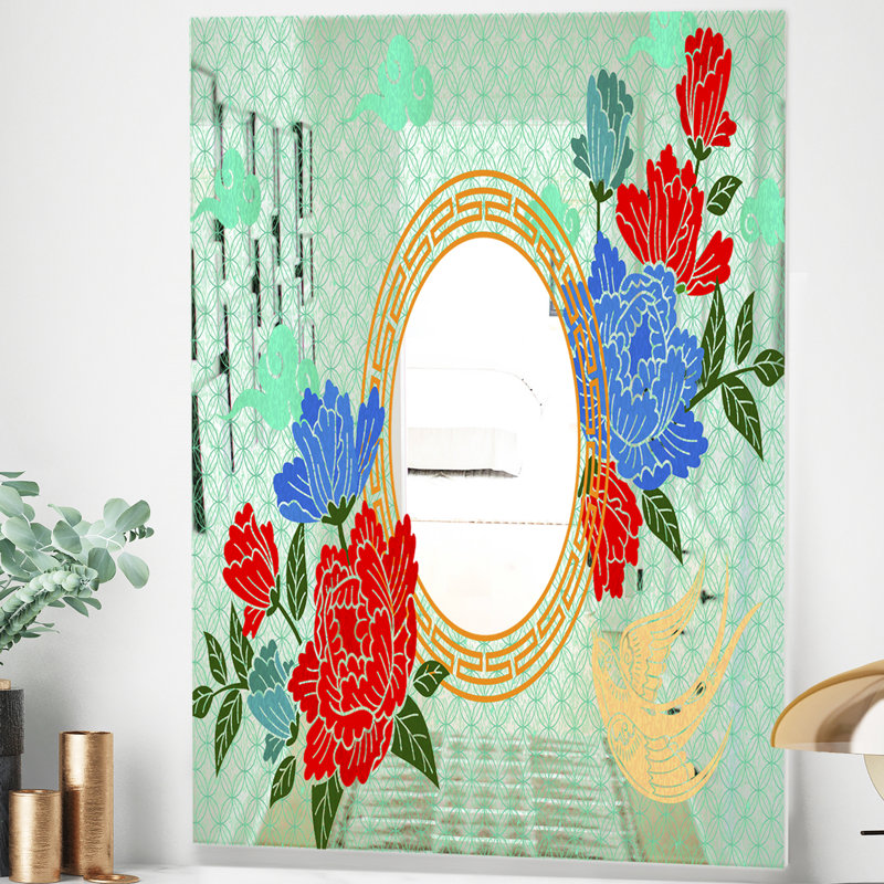 Chinese Style with Peony Accent Mirror, 39.4" H x 29.5" W