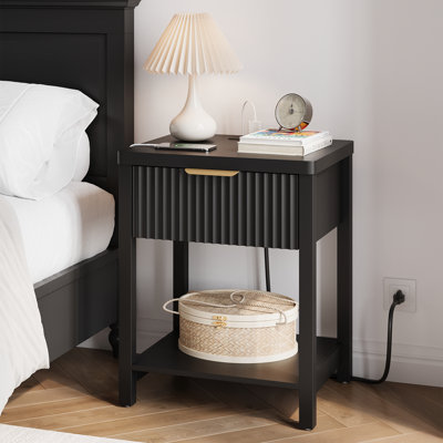 1 Pc Modern Nightstand With Charging Station, Usb & Type-C Ports – Bedside, End, Or Side Table With Drawer & Open Shelf For Bedroom, Living Room, Gues by Mercer41