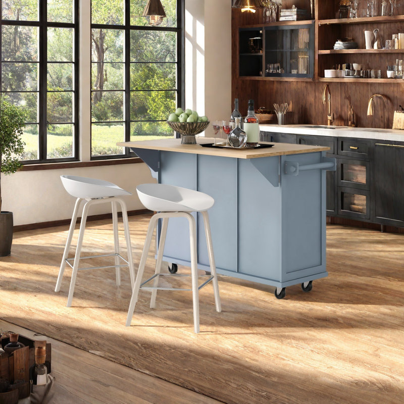 Kitchen Cart with Drop-Leaf Countertop and Internal Storage Racks, Gray Blue
