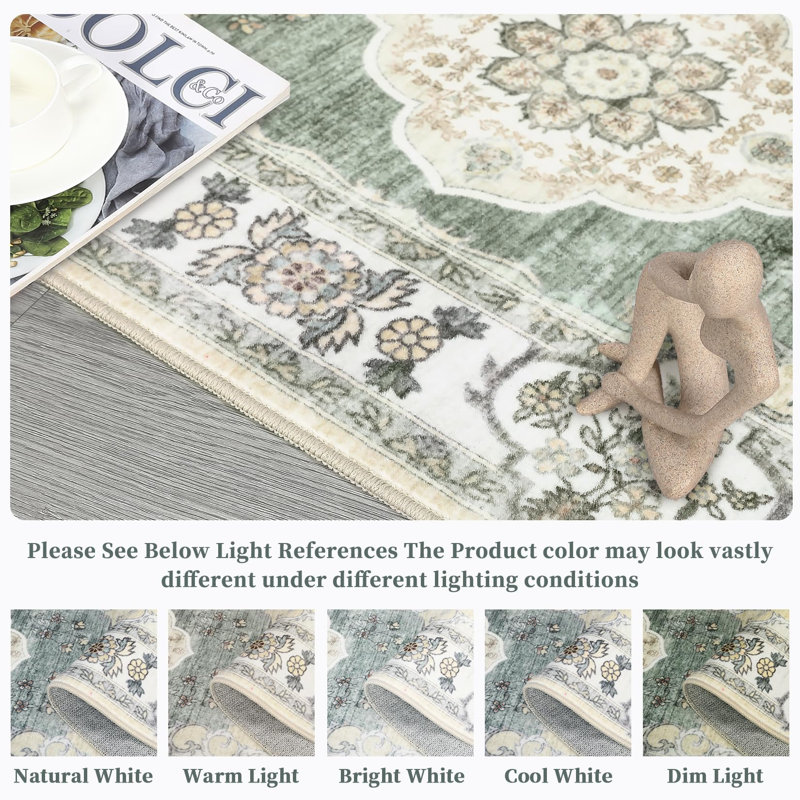 Washable Floral Rug Non-Slip Modern Farmhouse Living Room Carpet, Non-Shedding Low Pile Floor Mats, Foldable Print Accent Indoor Rug for Bedroom, Playroom, Nursery