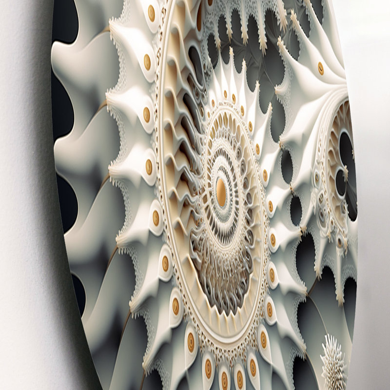 «White Fractal Universe III», art mural rond géométrique abstrait sur métal, L 16 po x H 16 po