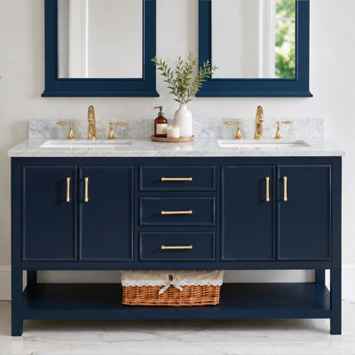 Meuble-lavabo double Paulene 60'' avec dessus en marbre de qualité supérieure, bleu marine