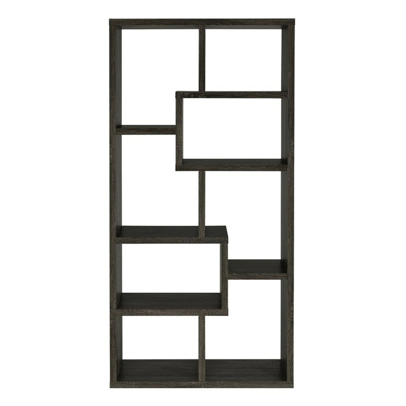 Bibliothèque rectangulaire à 10 tablettes en gris vieilli, sept espaces ouverts de différentes tailles et bibliothèque à motif géométrique gris, finition grattée, pour salle d'étude