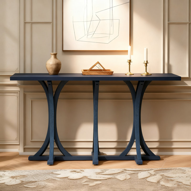 59.8'' Wooden Console Table With Oak Veneer Top,Farmhouse Entryway Table With Rubber Wood Slender Curved Legs, Navy Blue