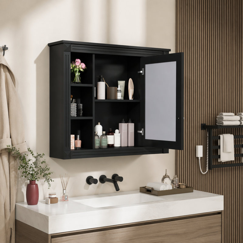 Armoire de rangement murale de salle de bain 35 po x 28 po, armoire à pharmacie, armoire murale moderne avec miroir, armoire à miroir avec 6 tablettes ouvertes (meuble-lavabo non inclus)