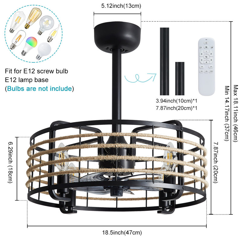 Ventilateur de plafond en cage en métal à 4 pales 7 pales 18,5 po Garren avec télécommande et ensemble d'éclairage inclus
