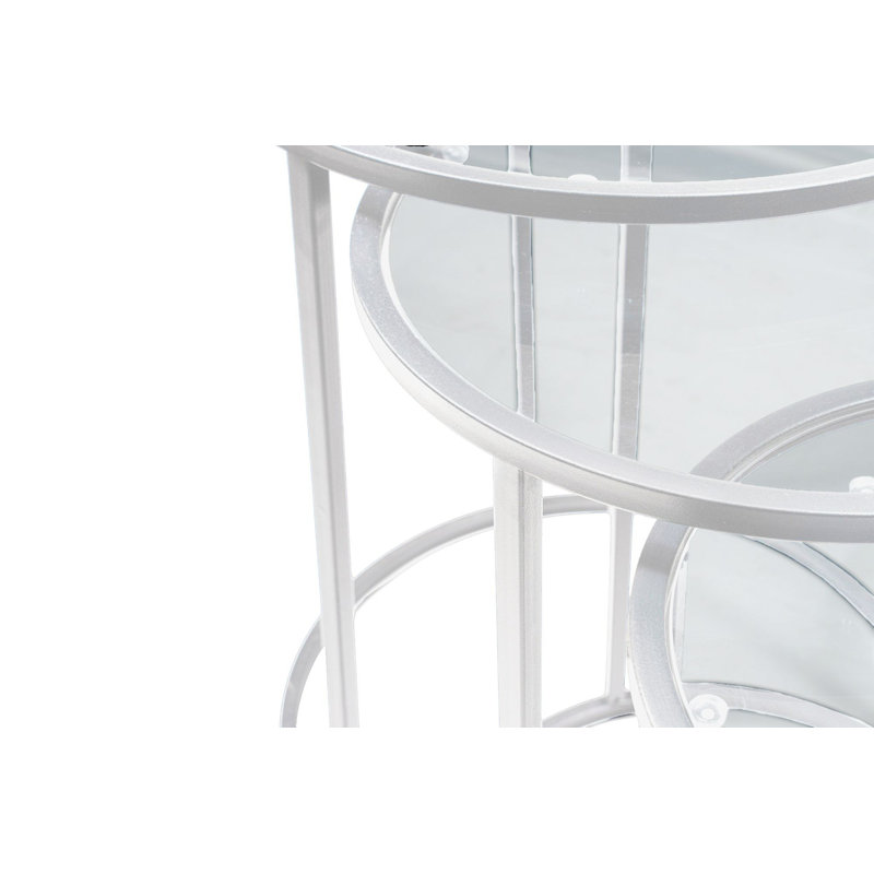 Ensemble de 3 tables gigognes modernes (blanc et transparent), 13,4 x 19,7 x 13,4 po, 16,5 x 21,3 x 16,5 po, 19,7 x 22,8 x 19,7 po | Plateau 100% verre trempé transparent, cadre 100% métal | Élégant et fonctionnel pour le salon et le bureau