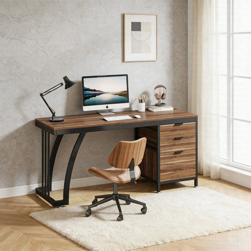 59" Industrial Computer Desk – Study Writing Desk With Reversible Drawer Cabinet, Walnut/Black