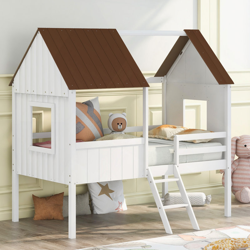 Lit mezzanine simple en bois avec deux fenêtres latérales