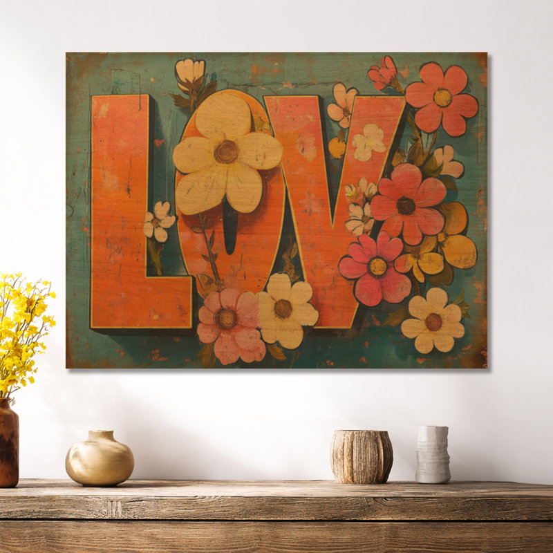«Groovy Love in Bloom» - Décoration murale rétro en bois, H 30 po x l 40 po, Rectangulaire