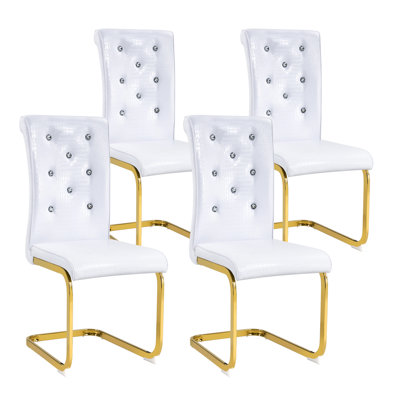 Set Of 4,Retro Alligator Skin Upholstered Dining Chairs,With Crystal Buckle Design And Faux Leather Design,A Touch Of Elegance And Mystery To The Dining Area,Gold Plated Metal Bow Leg