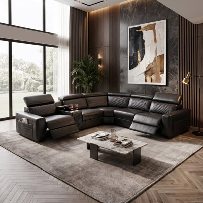 225 in. 6-Piece L-Shaped Leather Power Reclining Sectional, Wide Seat, Bluetooth, Tufted, Console & Cup Holders, Black