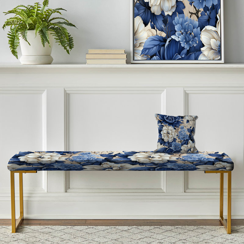Motif victorien bleu cobalt à feuillage - banc rembourré floral doré