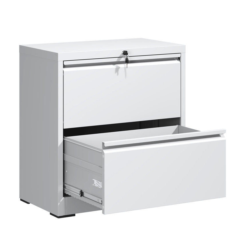 2 Drawer White Steel Horizontal Filing Cabinet, Build, Adjustable Hanging Bar, - Tip Design Metal Lateral Cabinet For Office, Cold Rolled Steel, Smooth Movement, Bearing Rails